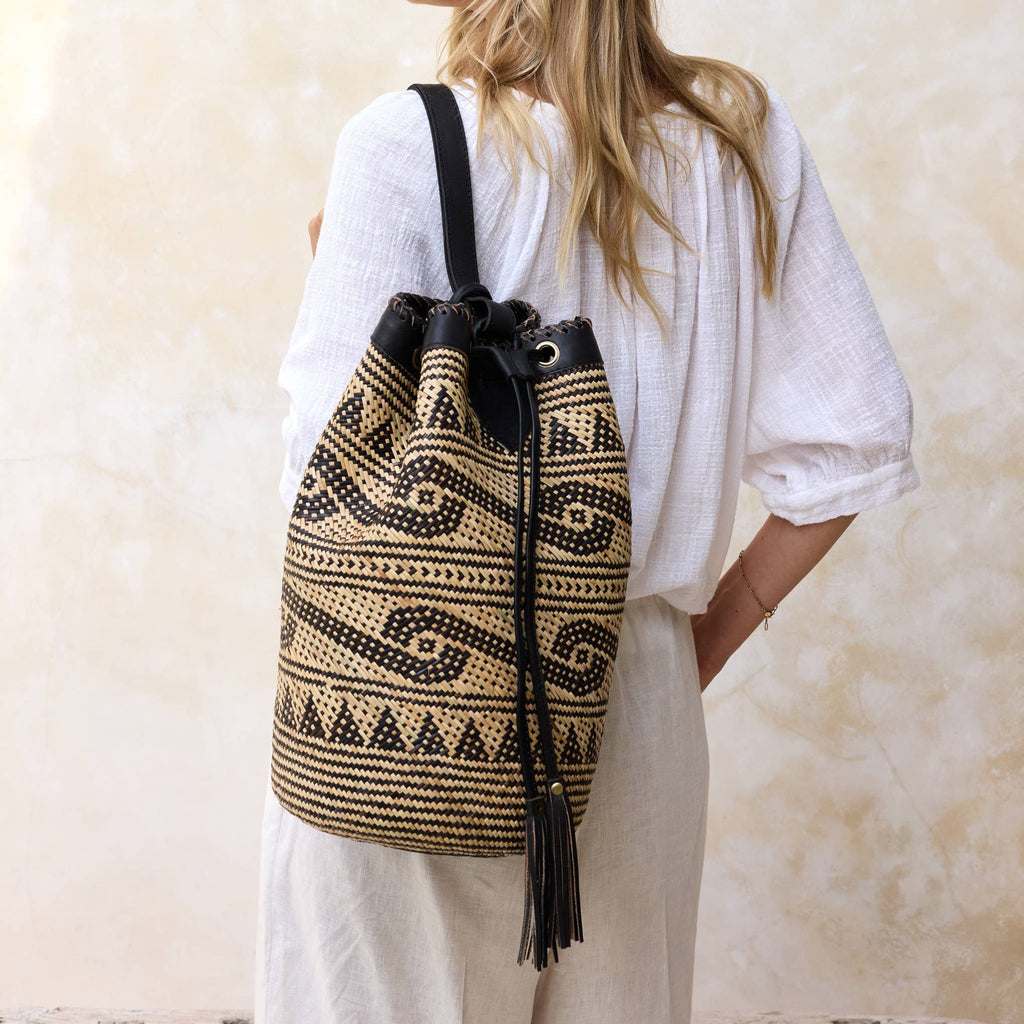 Rattan Sling Backpack - Tribal Patten Dark Leather - Large