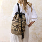 Rattan Sling Backpack - Tribal Patten Dark Leather - Large