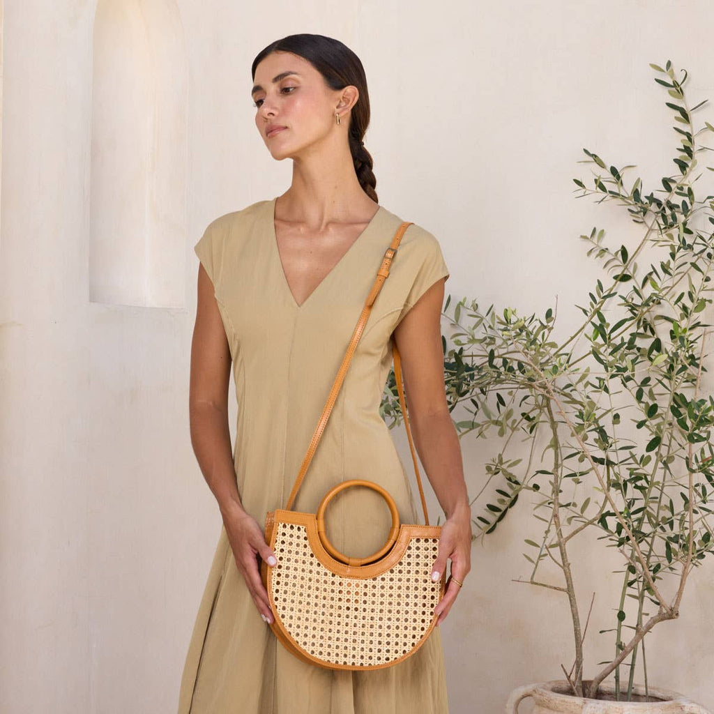 Brown Leather Square Cane Weave Rattan Handbag with Leather