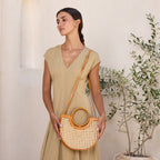 Brown Leather Square Cane Weave Rattan Handbag with Leather