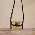 Black Rattan Clutch with Leather Trim and Crossbody Strap