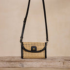 Black Rattan Clutch with Leather Trim and Crossbody Strap