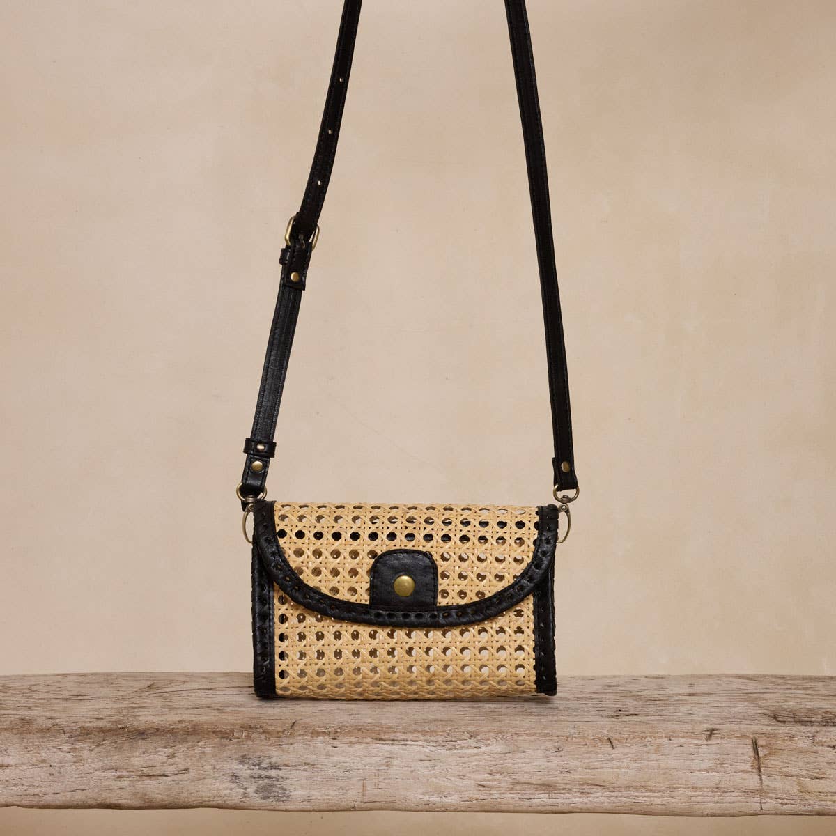 Black Rattan Clutch with Leather Trim and Crossbody Strap