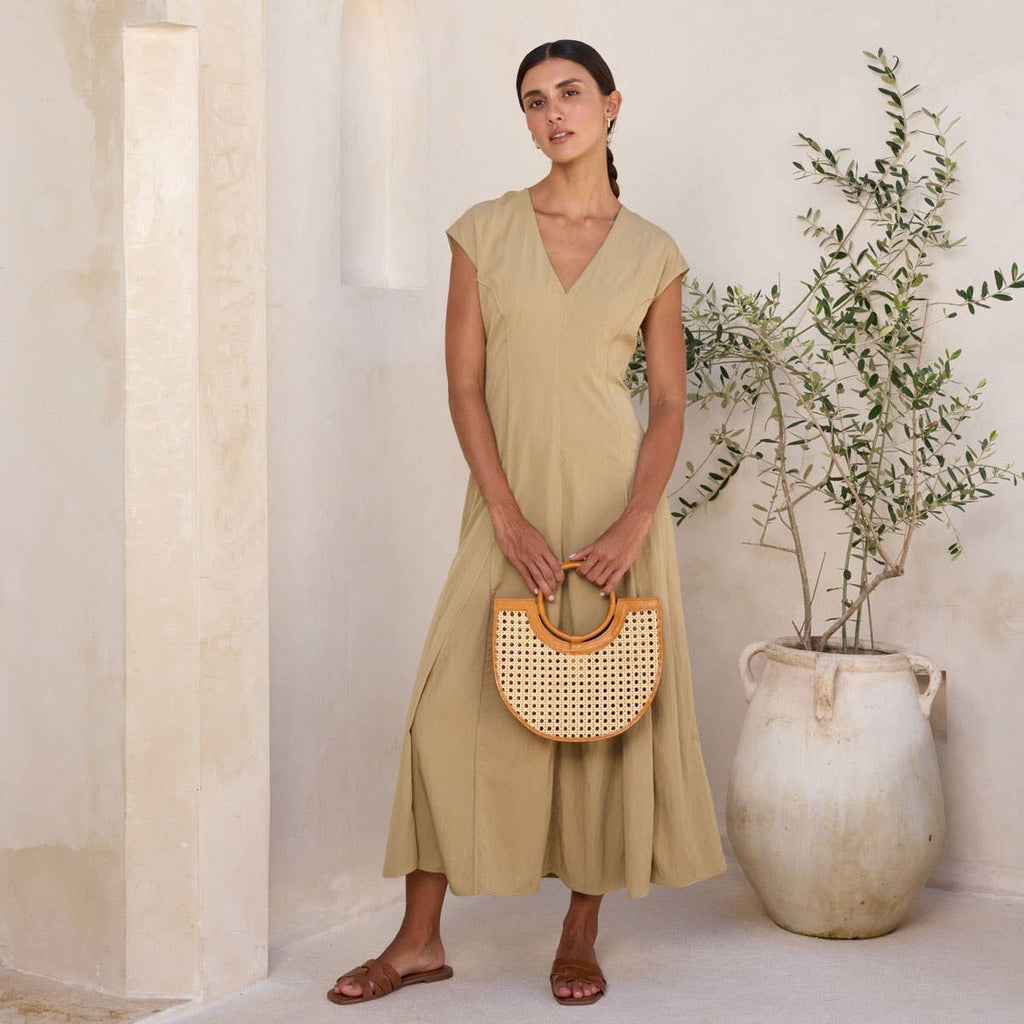 Brown Leather Square Cane Weave Rattan Handbag with Leather