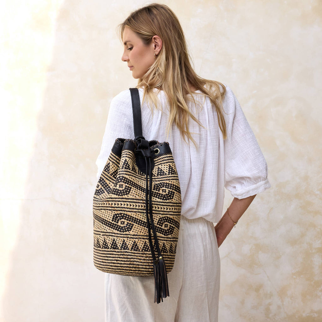 Rattan Sling Backpack - Tribal Patten Dark Leather - Large