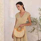 Brown Leather Square Cane Weave Rattan Handbag with Leather