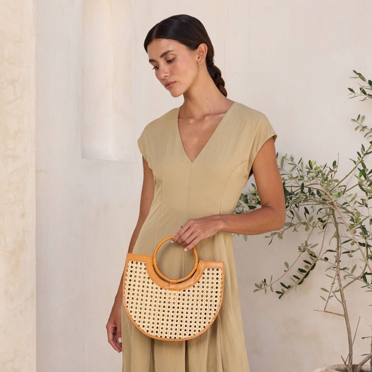 Brown Leather Square Cane Weave Rattan Handbag with Leather