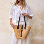 Rattan Beach Basket Tote Bag with Dark Leather Trim
