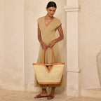 Large Square Cane Weave Rattan Tote with Triangle