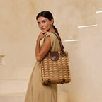 Large Dark Brown Rattan Handbag with Twist Closure