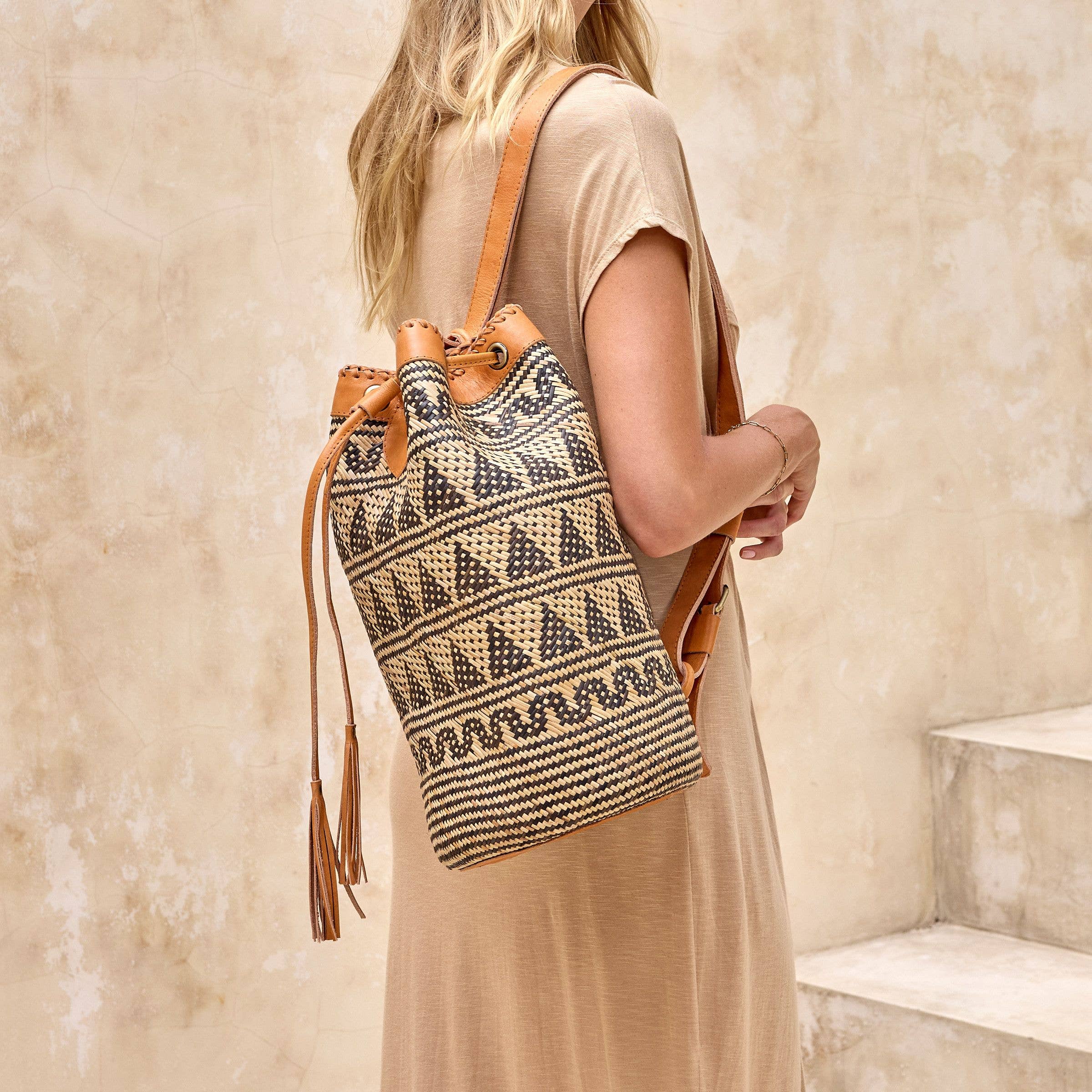Rattan Sling Bag - Tribal Patten with Light Leather -  Large