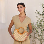 Brown Leather Square Cane Weave Rattan Handbag with Leather