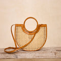 Brown Leather Square Cane Weave Rattan Handbag with Leather