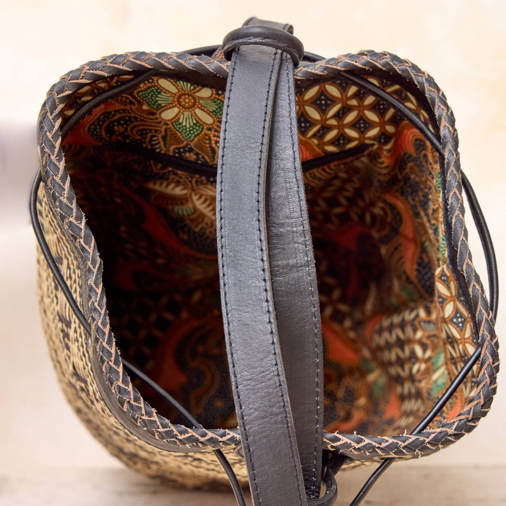Rattan Sling Backpack - Tribal Patten Dark Leather - Large