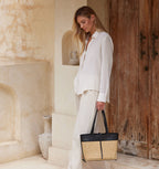 Rattan Cane Weave Tote Bag with Black Leather Trim - Medium