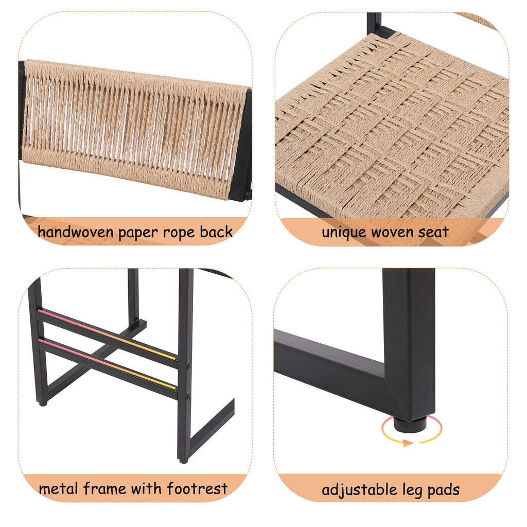 2-Piece Counter Bar Stools Woven Paper Rope Seat& Footrest