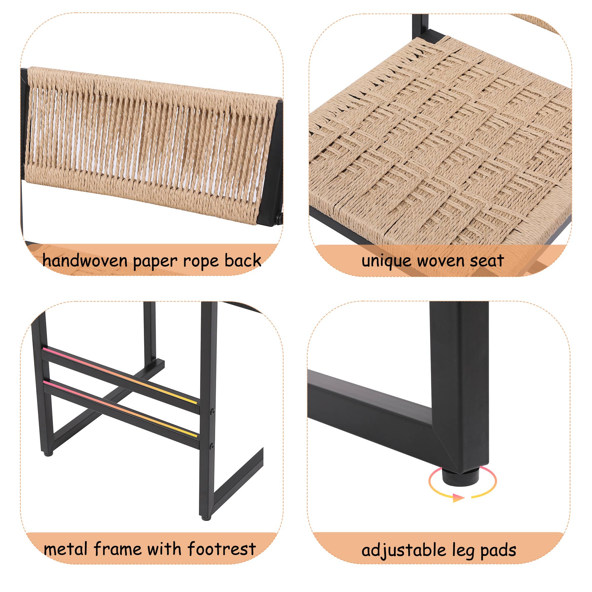 2-Piece Counter Bar Stools Woven Paper Rope Seat& Footrest
