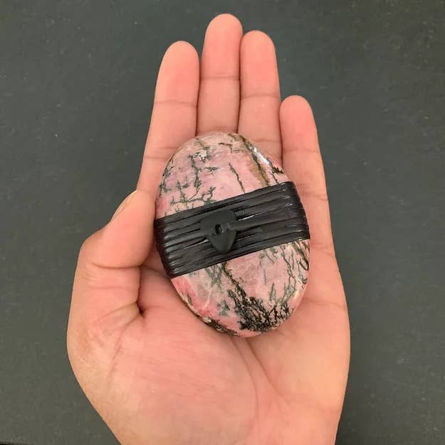 Rhodonite Palm Stone Wrapped With Sea Glass Bead