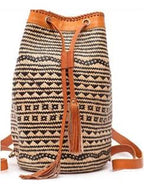 Rattan Sling Bag - Tribal Patten with Light Leather -  Large