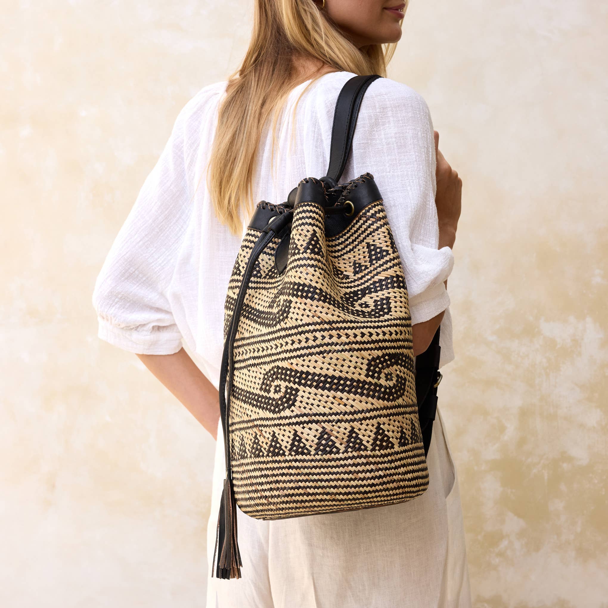 Rattan Sling Backpack - Tribal Patten Dark Leather - Large