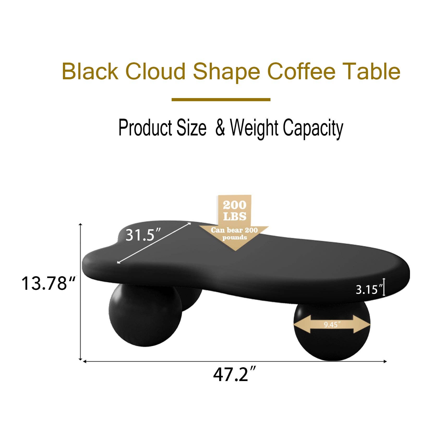 47" Cloud Shaped Coffee Table with 3 Ball Legs, Black