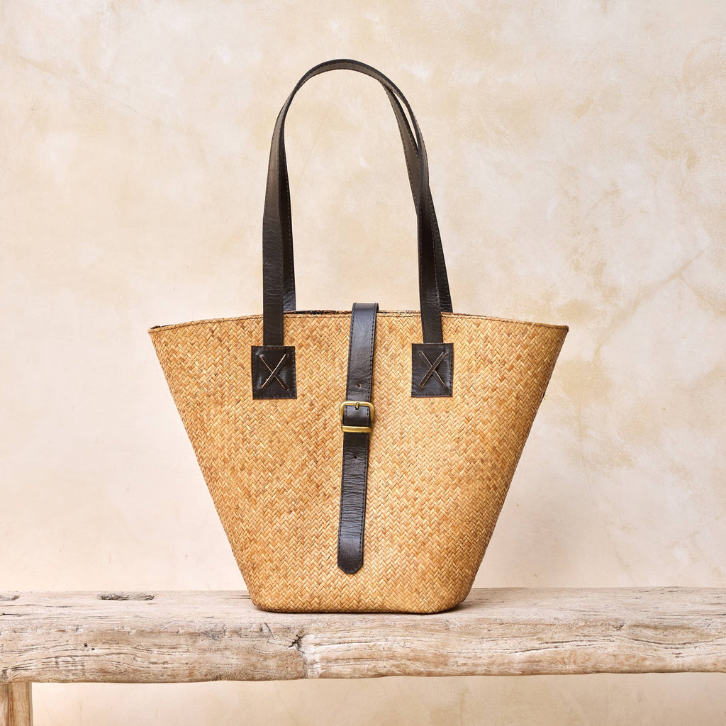 Rattan Beach Basket Tote Bag with Dark Leather Trim