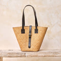 Rattan Beach Basket Tote Bag with Dark Leather Trim