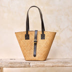 Rattan Beach Basket Tote Bag with Dark Leather Trim