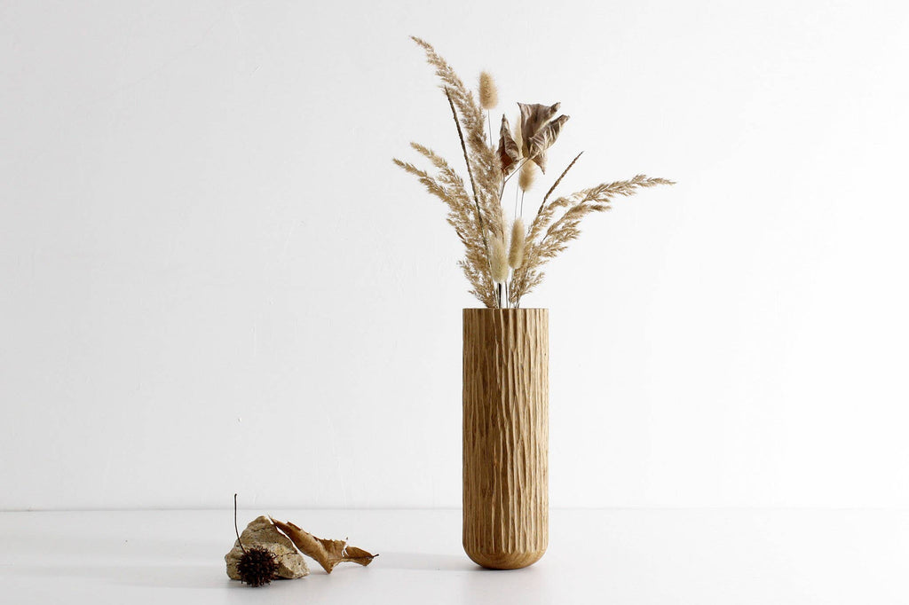 "Geyser" Vase In Solid Oak, Turned, Hand-Textured.