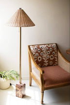 FLOOR LAMP WITH RED MARBLE BASE AND RATTAN SHADE