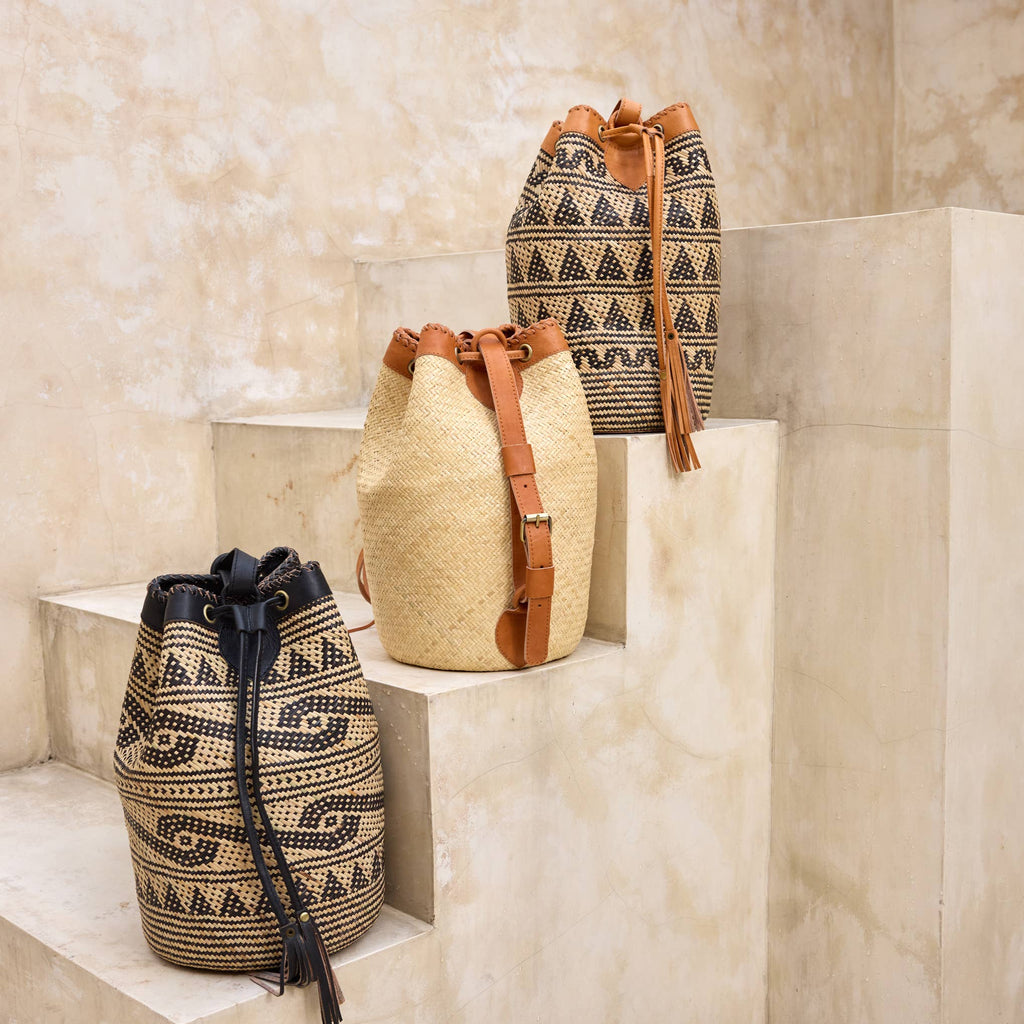 Rattan Sling Backpack - Tribal Patten Dark Leather - Large