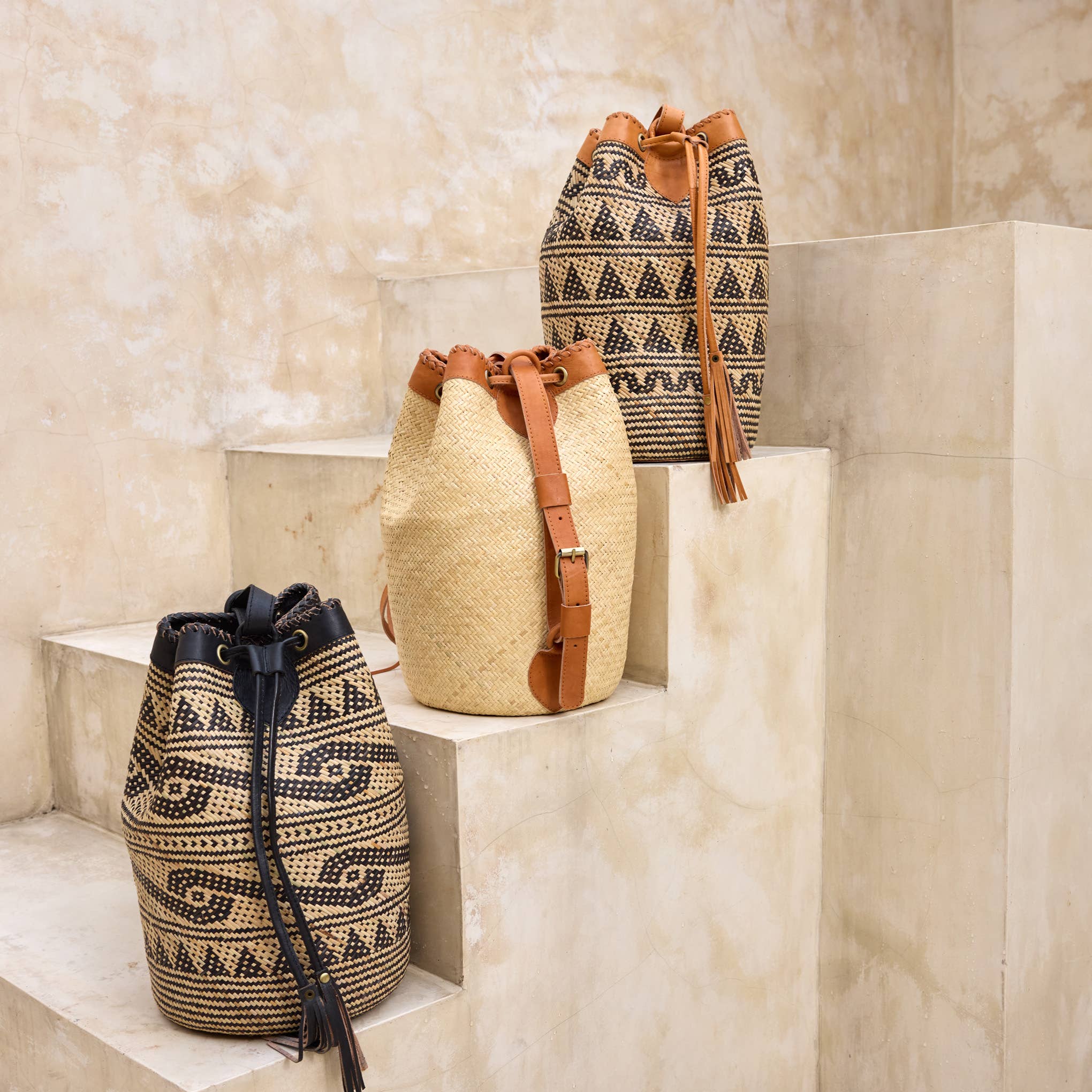 Rattan Sling Backpack - Tribal Patten Dark Leather - Large