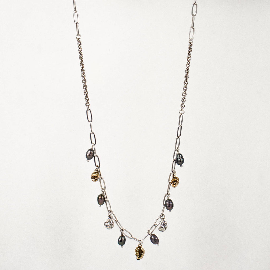 MIXED-METAL SEAWEED PODS & PEARLS NECKLACE
