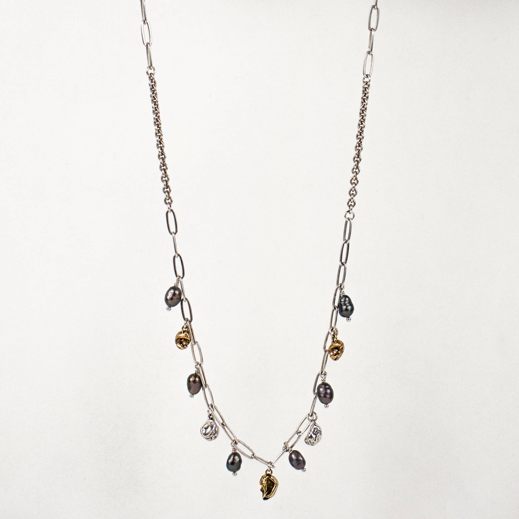 MIXED-METAL SEAWEED PODS & PEARLS NECKLACE