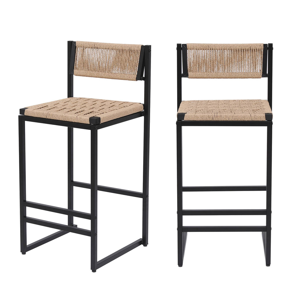 2-Piece Counter Bar Stools Woven Paper Rope Seat& Footrest