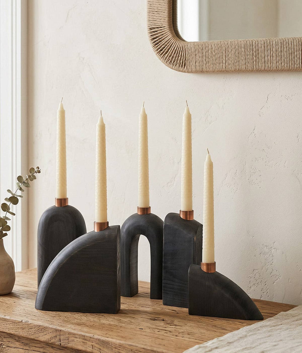 Sculptural Loop Wood Candle Holders, Charcoal, Set of 5