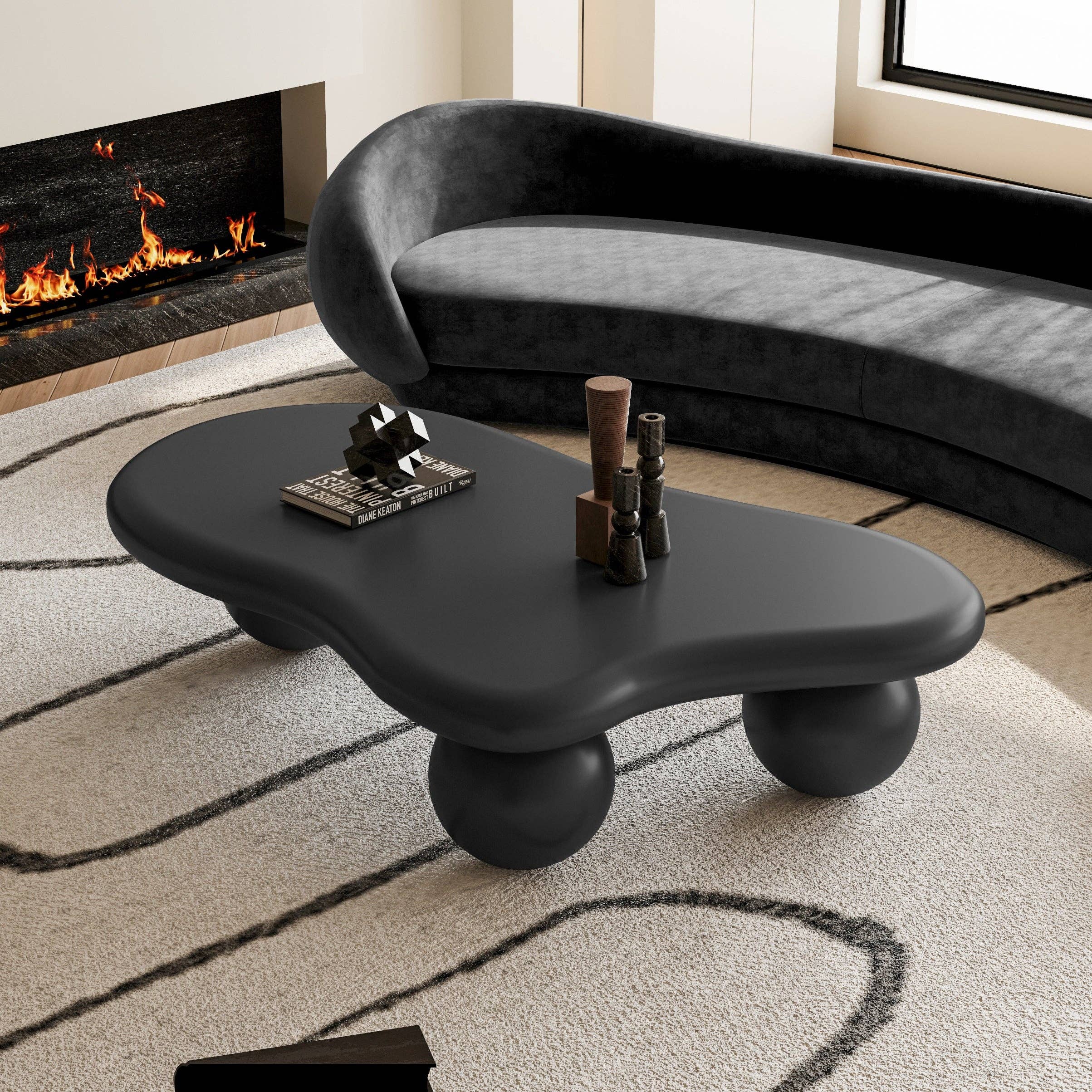 47" Cloud Shaped Coffee Table with 3 Ball Legs, Black