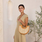 Brown Leather Square Cane Weave Rattan Handbag with Leather