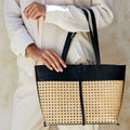 Rattan Cane Weave Tote Bag with Black Leather Trim - Medium