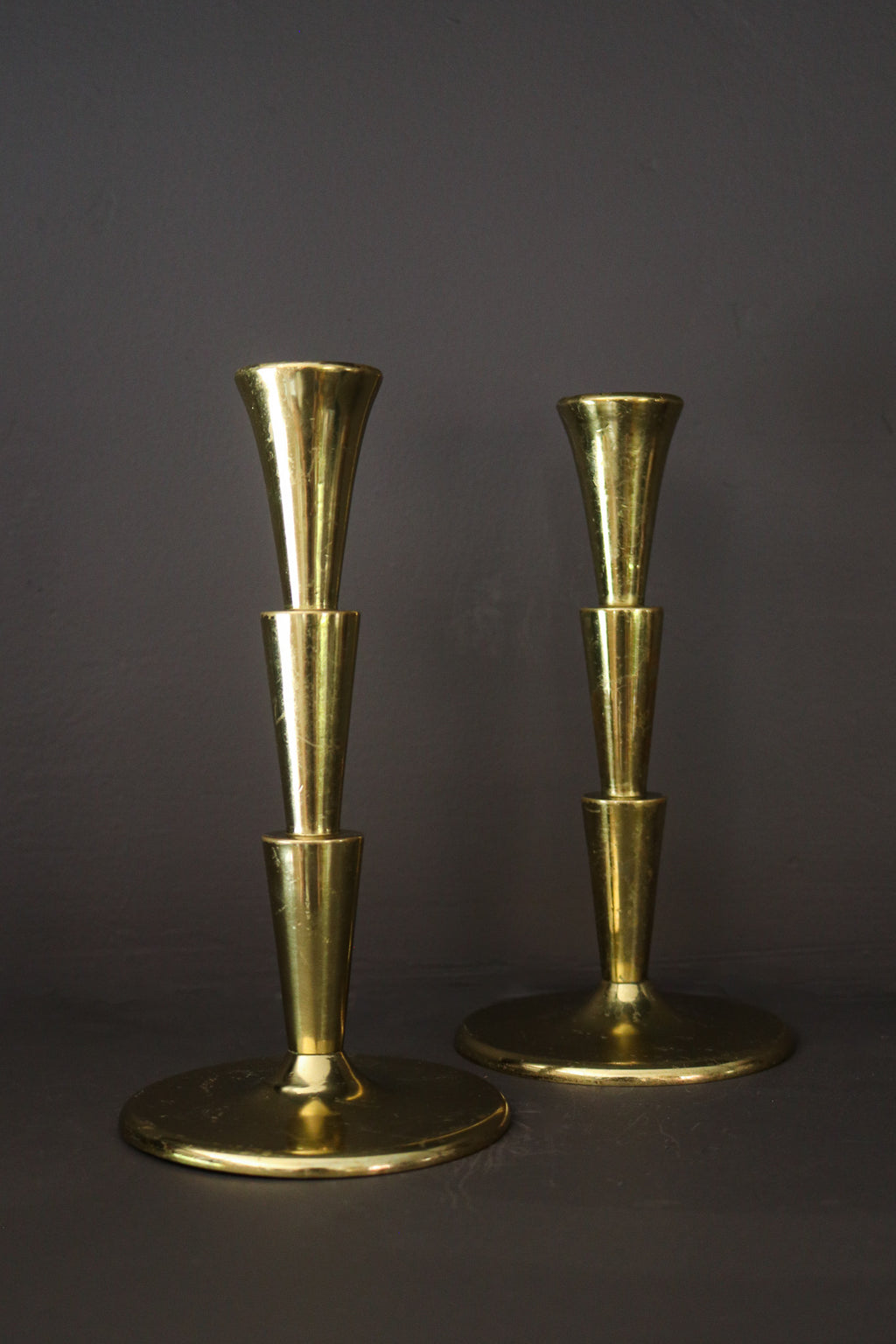 Pair of Vintage Mid-Century Modern Tiered Brass Candle Holders