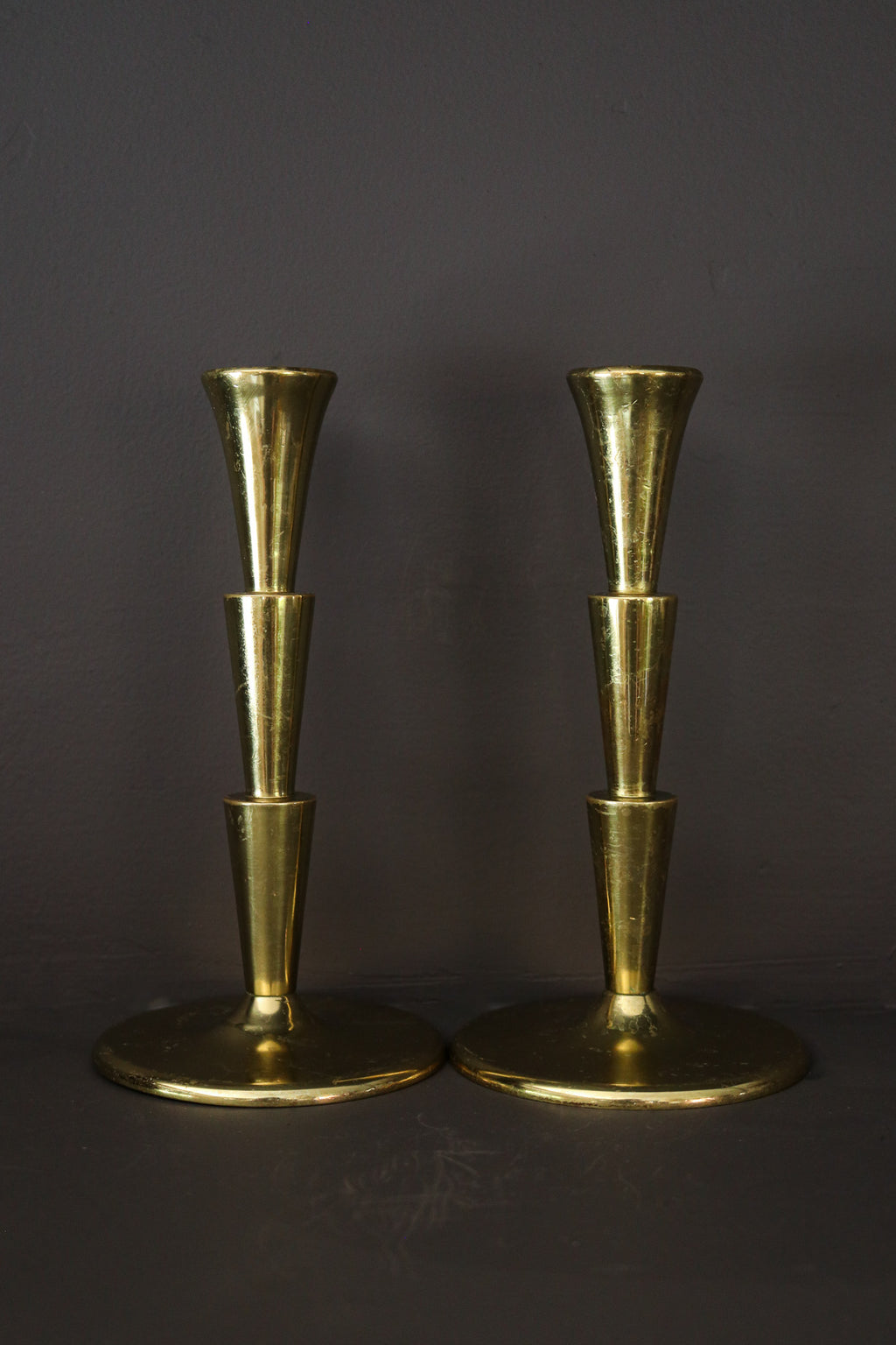 Pair of Vintage Mid-Century Modern Tiered Brass Candle Holders