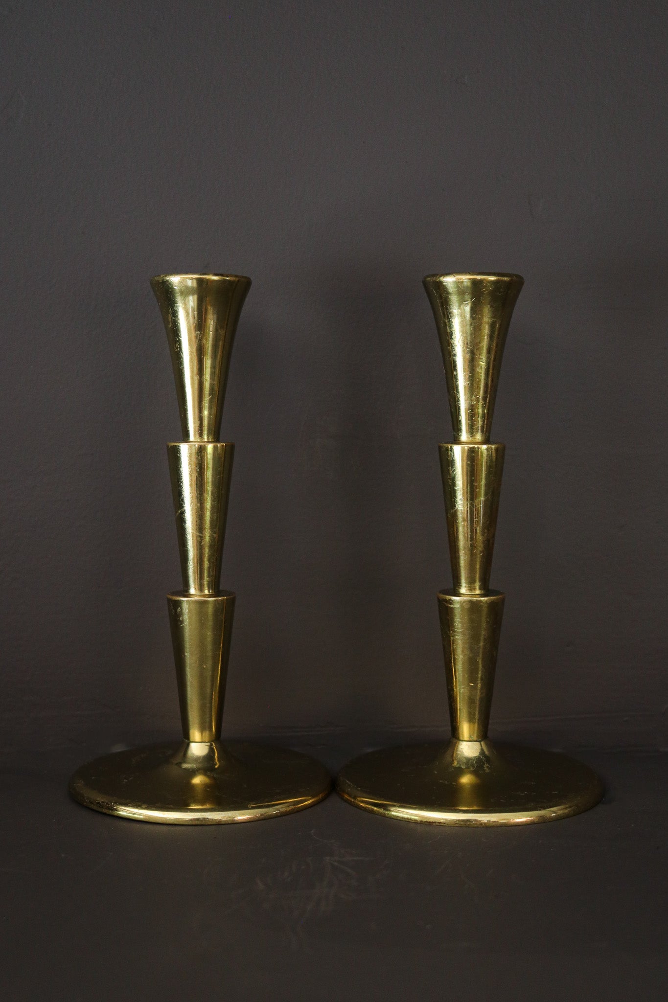 Pair of Vintage Mid-Century Modern Tiered Brass Candle Holders