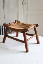 Antique Wood Stool with Original Woven Rope Seat