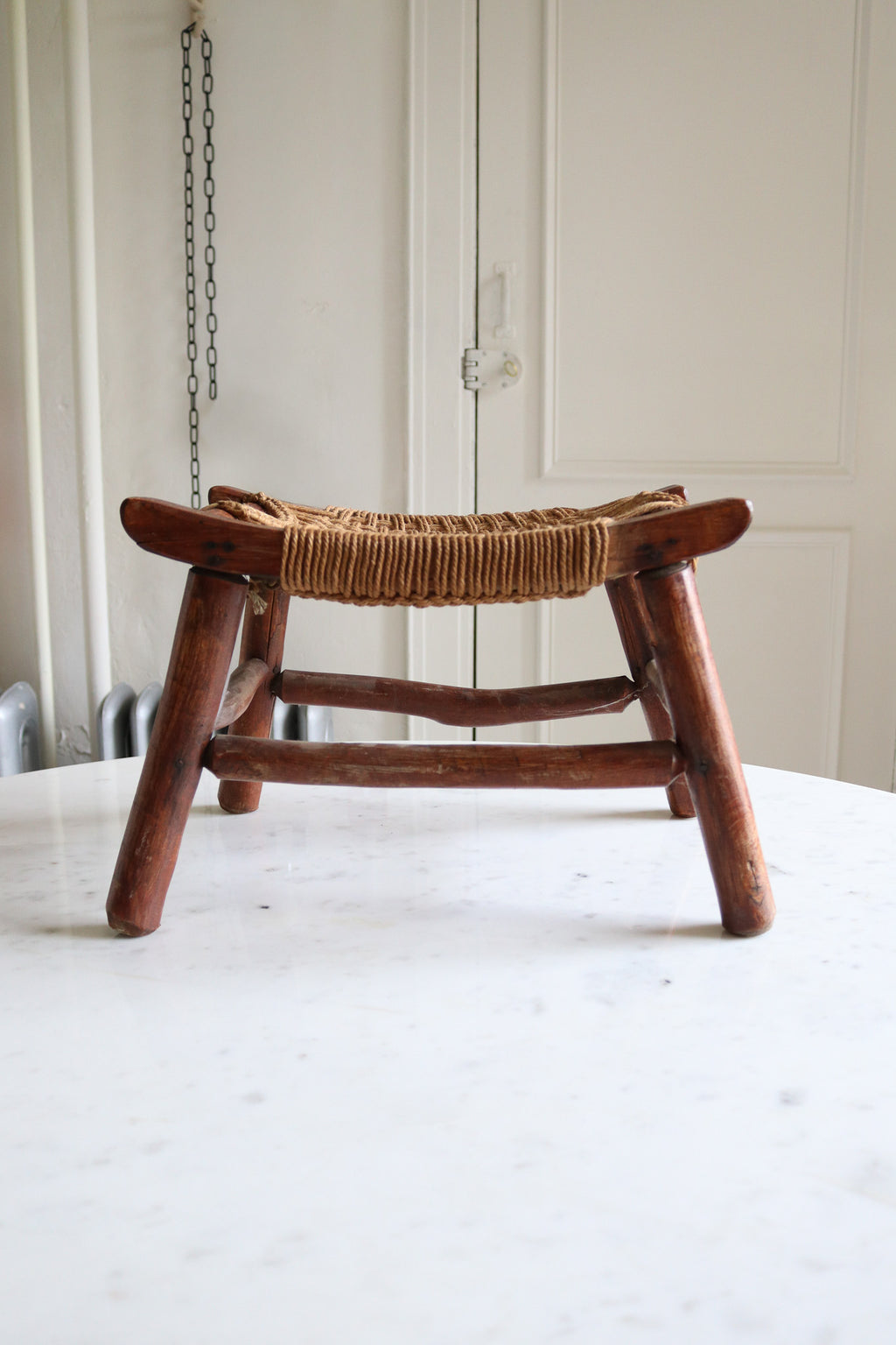 Antique Wood Stool with Original Woven Rope Seat