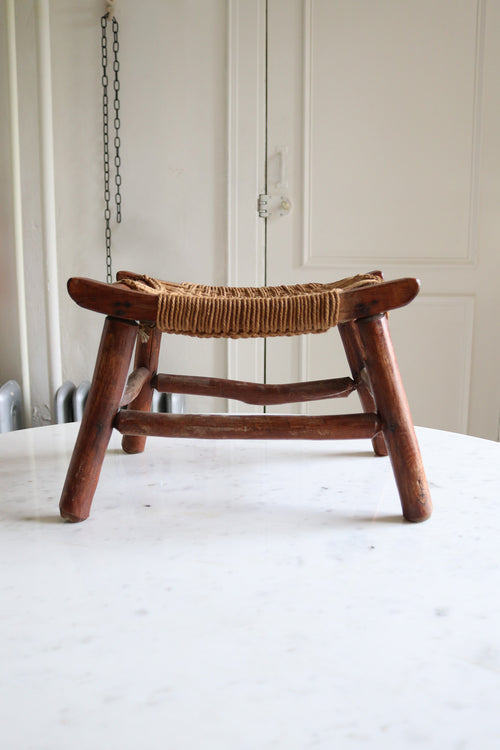 Antique Wood Stool with Original Woven Rope Seat