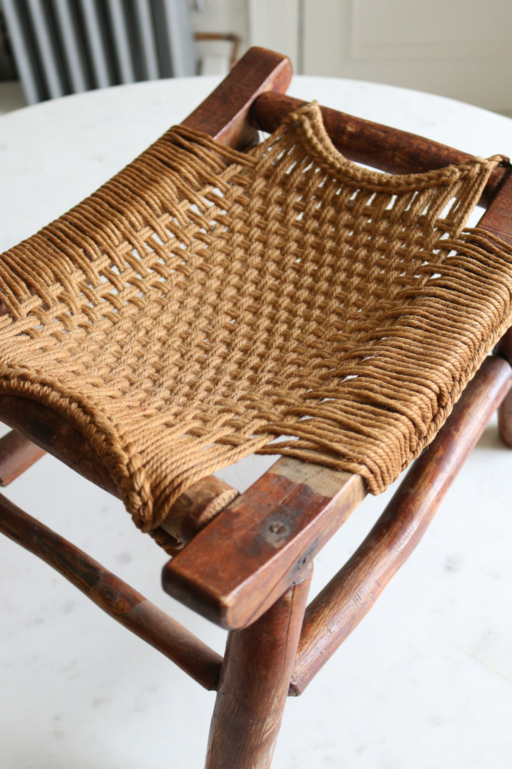 Antique Wood Stool with Original Woven Rope Seat