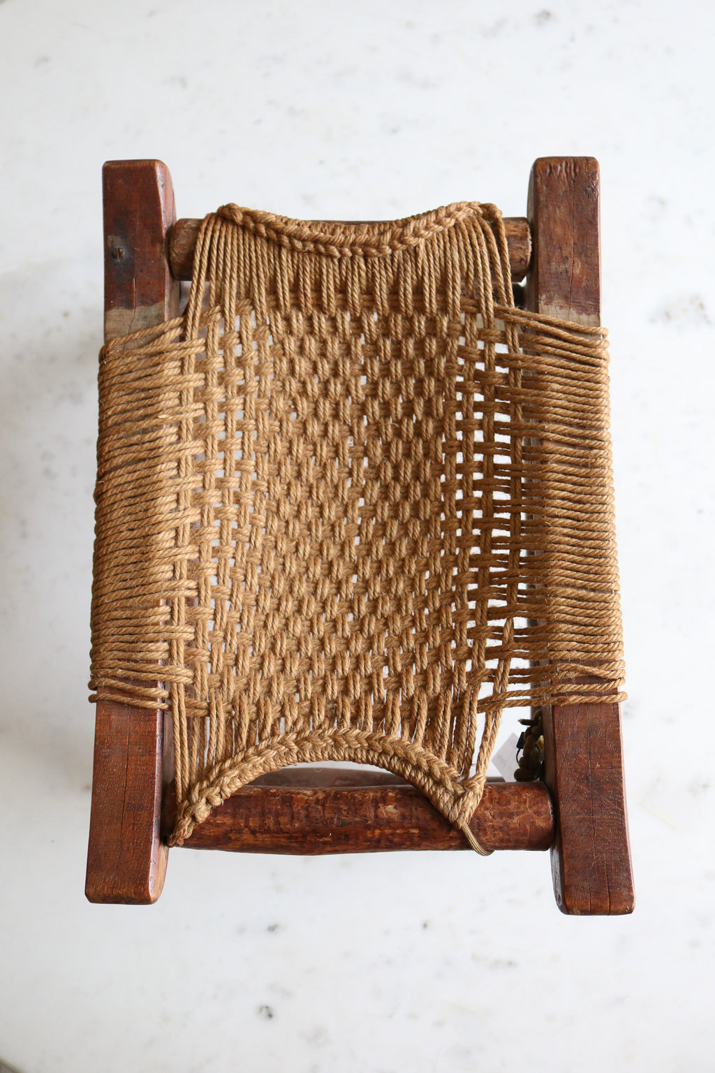 Antique Wood Stool with Original Woven Rope Seat