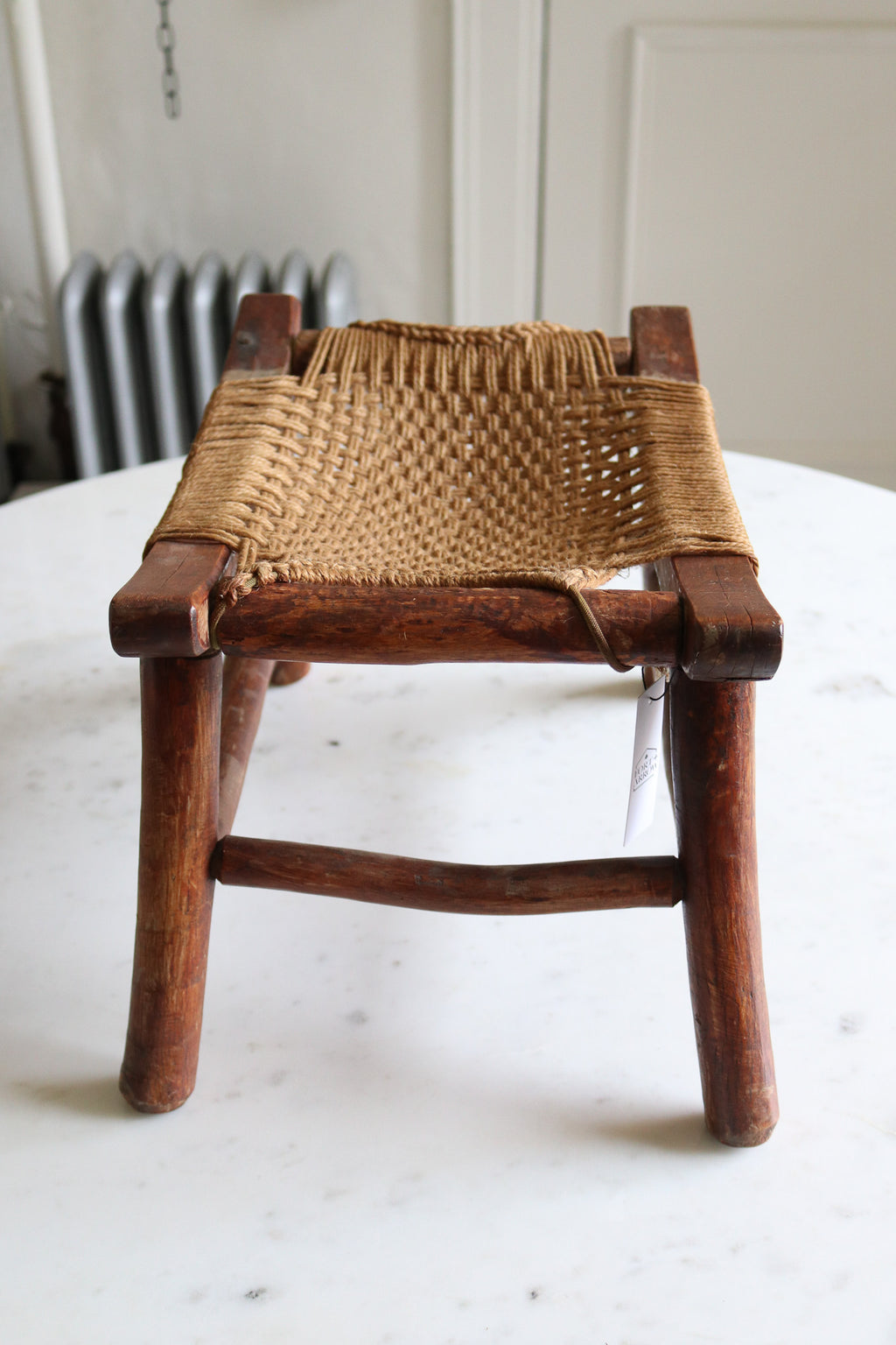 Antique Wood Stool with Original Woven Rope Seat