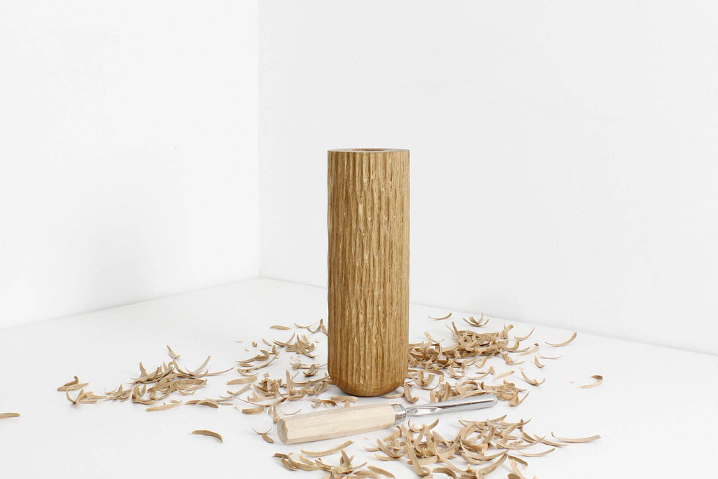 "Geyser" Vase In Solid Oak, Turned, Hand-Textured.