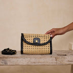 Black Rattan Clutch with Leather Trim and Crossbody Strap